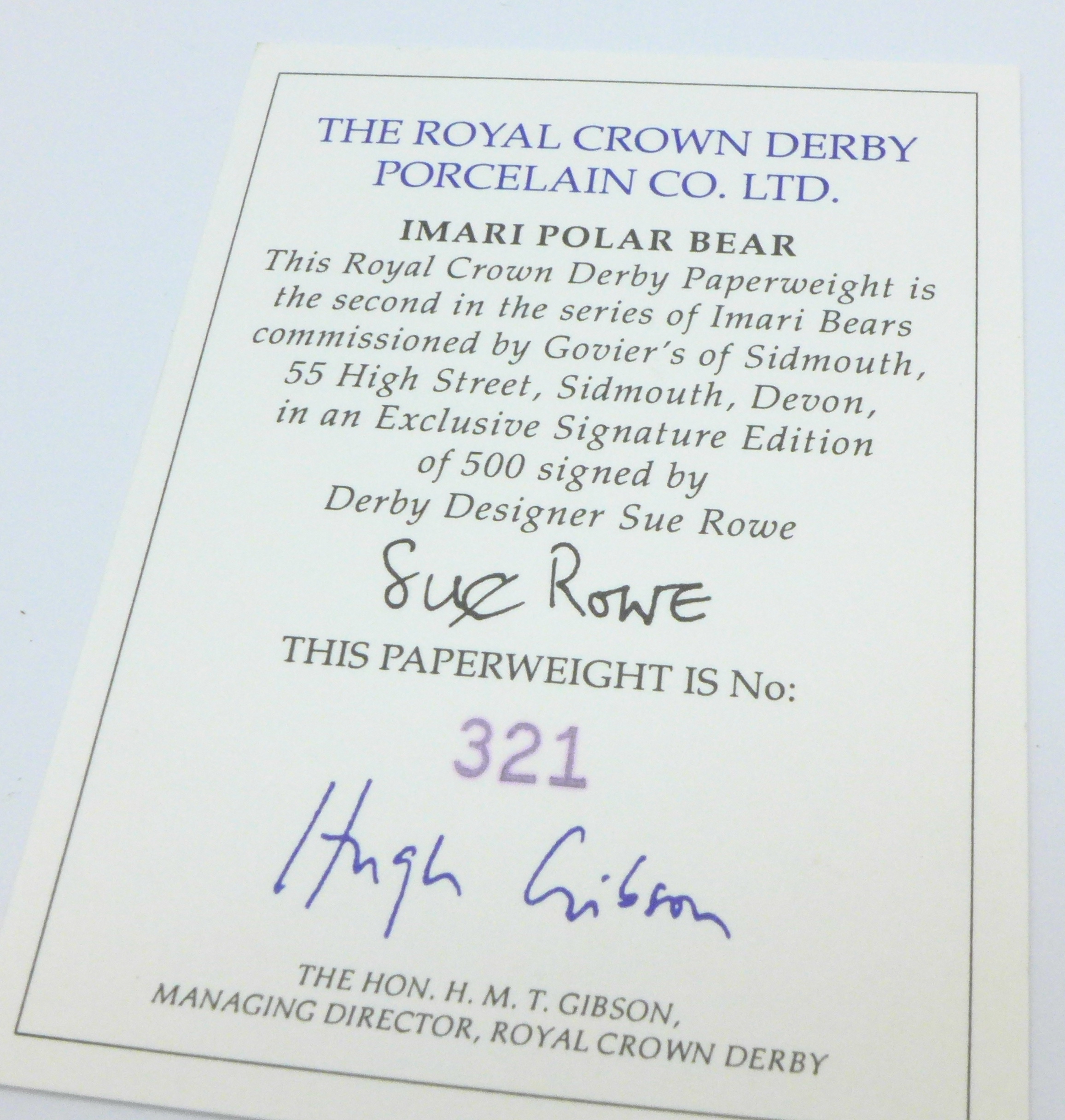 A Royal Crown Derby Old Imari Polar Bear paperweight, 321 of 500, boxed and a Royal Crown Derby - Image 7 of 7