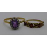 A yellow metal, amethyst and diamond ring, 3.3g, Z, and one other yellow metal and garnet ring,