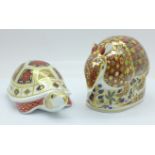 Two Royal Crown Derby paperweights, Turtle with silver stopper and Armadillo with gold stopper, both
