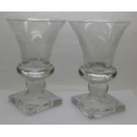 A pair of pressed glass vases with acid etched decoration, 22cm