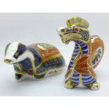 A Royal Crown Derby Dragon paperweight with silver stopper and a Moonlight Badger paperweight with