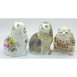 Three Royal Crown Derby paperweights, Derby Posie Spaniel, limited edition 499 of 1500, Bulldog with