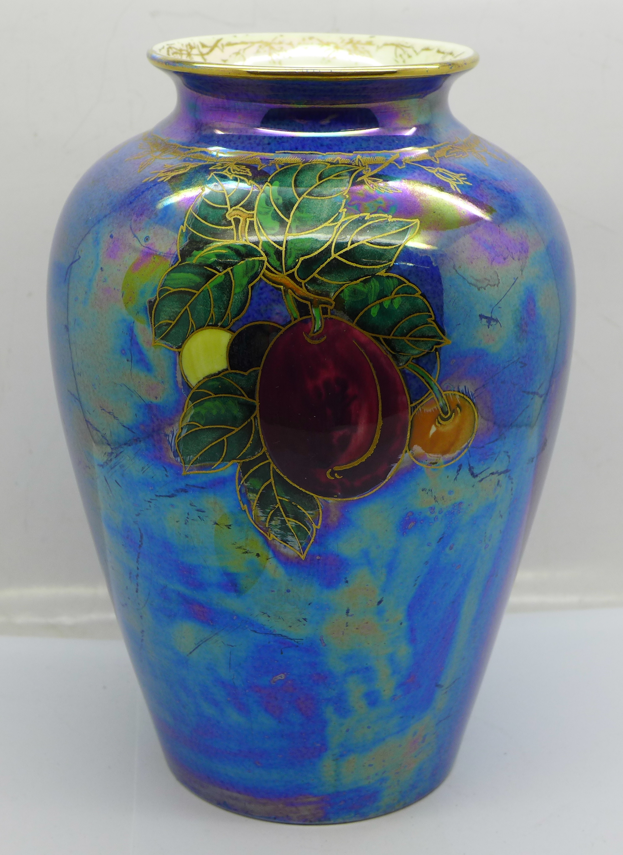 A Crown Devon lustre vase decorated with fruit, 20cm - Image 2 of 5