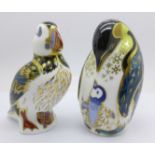 Two Royal Crown Derby paperweights, Puffin and Penguin with Chick, both boxed