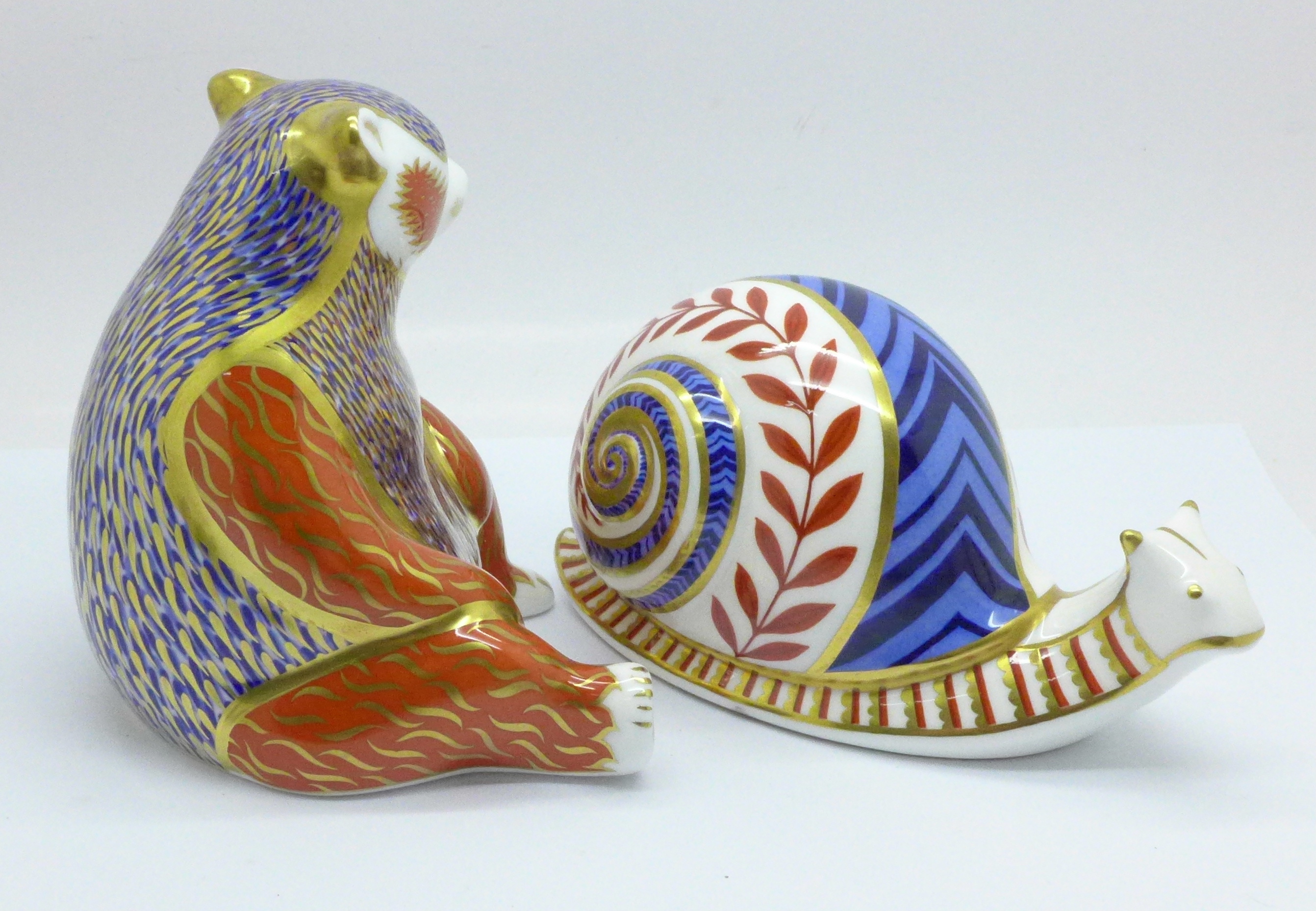 A Royal Crown Derby Honey Bear paperweight with silver stopper and a Royal Crown Derby Snail - Image 2 of 5