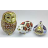 Three Royal Crown Derby paperweights, Sow, Duck with silver stopper and Barn Owl with silver