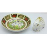 A Royal Crown Derby Rabbit with silver stopper and 1999 Year Tray Rabbit, First Edition