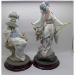 Two Lladro figures of Geisha girls on stands