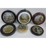 Five framed 19th Century Prattware pot lids, one a/f and a Prattware pot