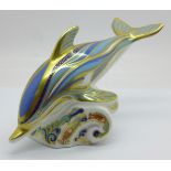 A Royal Crown Derby striped dolphin paperweight, limited edition 63 of 1500, gold stopper, Gold