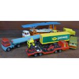 A Corgi Major Carrimore Trideck Transporter, Chipperfields Trailer, articulated lorry, Unimog 406