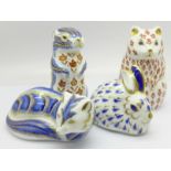 Four Royal Crown Derby paperweights, Hamster with silver stopper, Pine Marten, Rabbit with gold