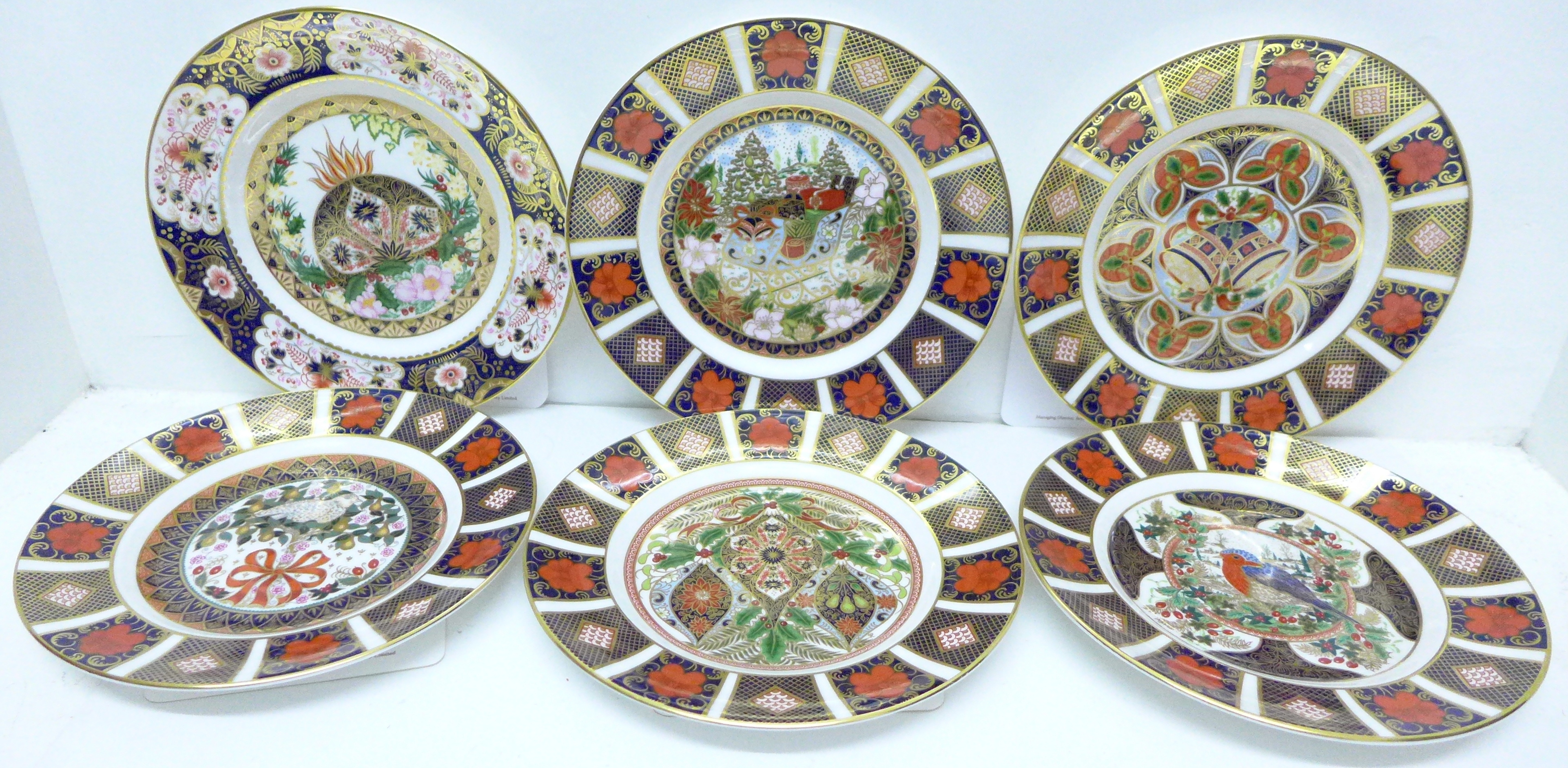 Six Royal Crown Derby Old Imari limited edition Christmas plates, 1984, 1993, 1994, 1995, 1996 and
