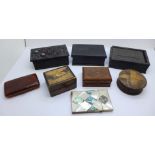 Six boxes including two stamp boxes, a mother of pearl card case, a/f, and a cigarette case