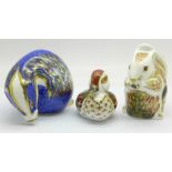 Three Royal Crown Derby paperweights, Buxton Badger, 489 of 500, Stoney Middleton Squirrel, 297 of