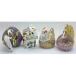 Four Royal Crown Derby paperweights, Chicken, Cockerel with gold stopper, Squirrel and Badger, all