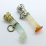Two agate set seal fobs, one with pistol grip handle and set with bloodstone, the other set with
