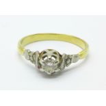 A yellow and white metal set diamond ring, 3.1g, S