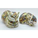 Two Royal Crown Derby Cat paperweights, both with silver stoppers