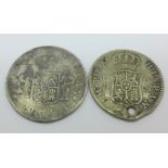 Two Carolus III silver coins, one 1784, one drilled
