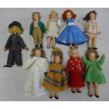 Eight Rosebud composition dolls, circa 1930's-1940's and a wooden doll