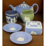 Six items of Wedgwood Jasperware including a teapot