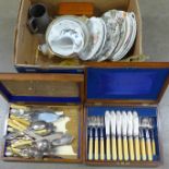 A Noritake bowl, Princess Royale bowl, other decorative plates, brass ladles, walnut box, pewter