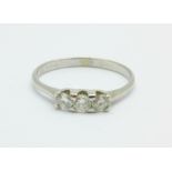 An 18ct white gold and three stone diamond ring, 2.1g, P