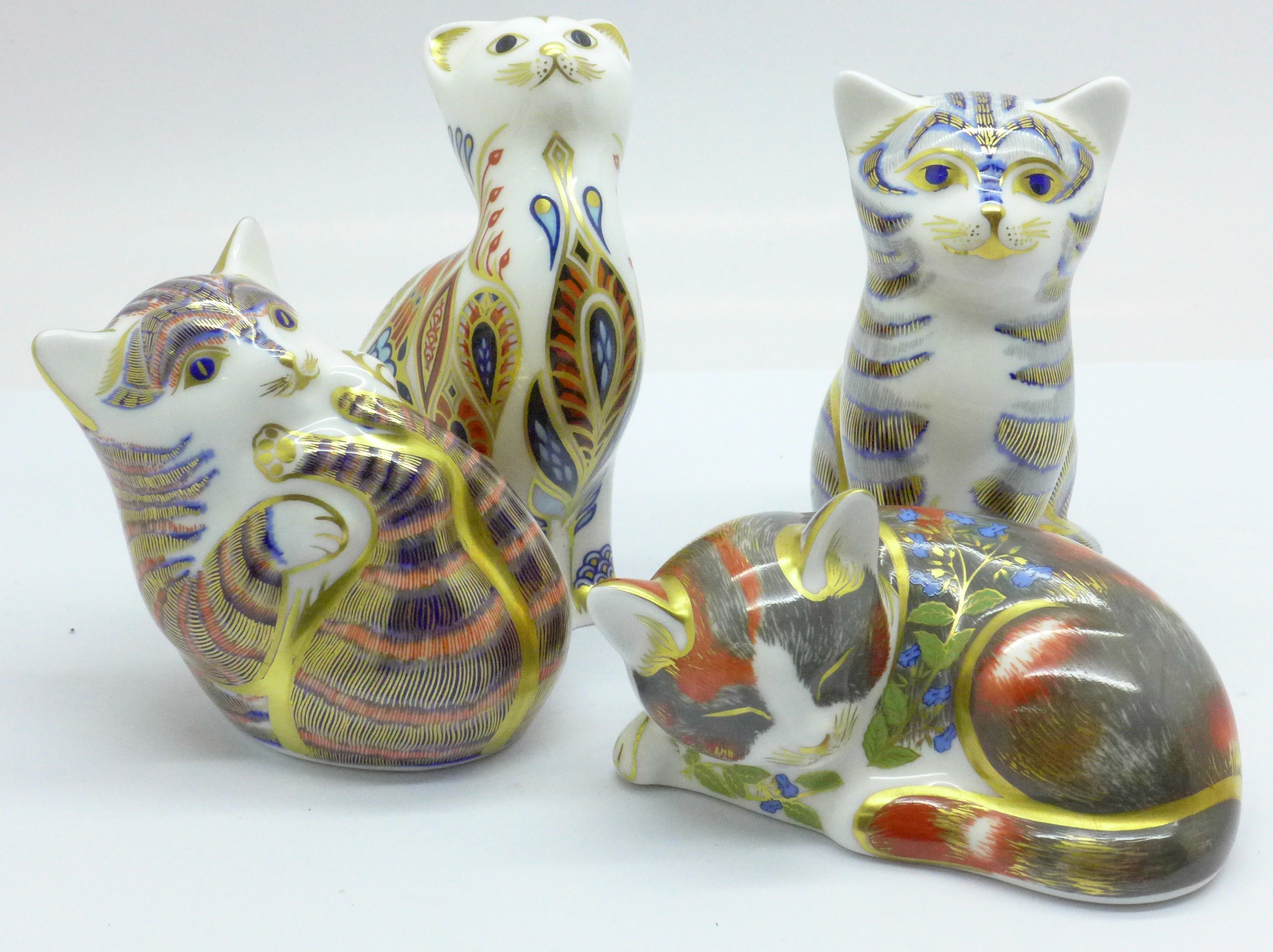 Four Royal Crown Derby paperweights, Siamese Kitten, Playful Kitten, Grey Kitten and Catnip