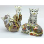 Four Royal Crown Derby paperweights, Siamese Kitten, Playful Kitten, Grey Kitten and Catnip