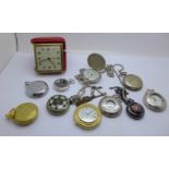 Modern pocket watches, a Swiza Coquet travel alarm clock, etc.