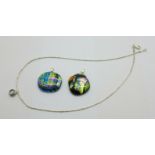 Two silver and dichroic glass pendants and a necklace with silver pendant