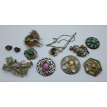 Eight Scottish brooches, a pendant and earrings
