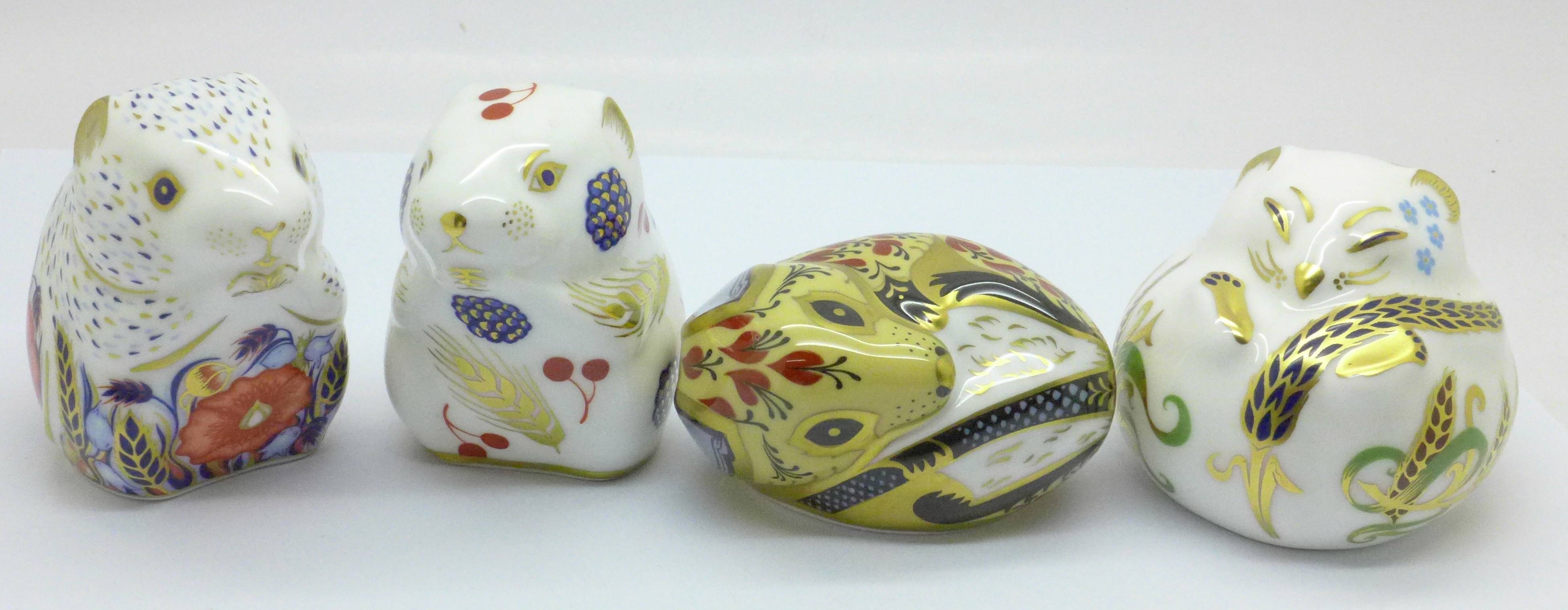 Four Royal Crown Derby paperweights, Poppy Mouse, Country Mouse, Sleeping Dormouse and Harvest