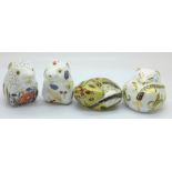 Four Royal Crown Derby paperweights, Poppy Mouse, Country Mouse, Sleeping Dormouse and Harvest