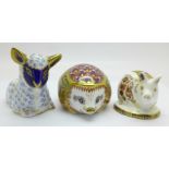 Three Royal Crown Derby paperweights, Lamb, Orchard Hedgehog (Collectors Guild with gold stopper)