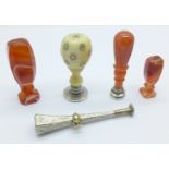 Five seals; three agate, one ivory and one white metal seal fob set with bloodstone