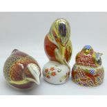 Three Royal Crown Derby paperweights, Nesting Chaffinch (Collectors Club), Kingfisher with silver