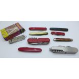 Nine penknives including Victorinox and Leatherman Micra, etc.