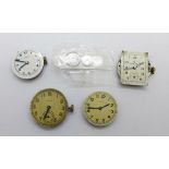 A Rolex watch movement and two parts, and three Rolco watch movements