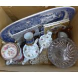 A blue and white Willow pattern meat plate, three tiles, a lustre jug, other china and a glass