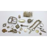 Silver and white metal jewellery, a Georgian buckle, etc., a/f