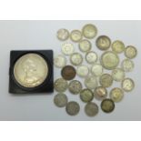 A silver 1914 funf mark coin, an 1844 half farthing coin and a collection of silver 3d, 6d and