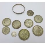 A collection of 1920 to 1946 silver coins and a child's silver bangle, 89g