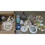 A box of china, etc., including a Royal Doulton Koala Bears plate, other plates and pewter **