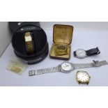 Four wristwatches, Citizen x 2, Lorus and Sekonda and a watch strap