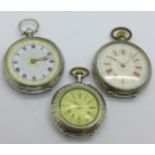 Three silver fob watches