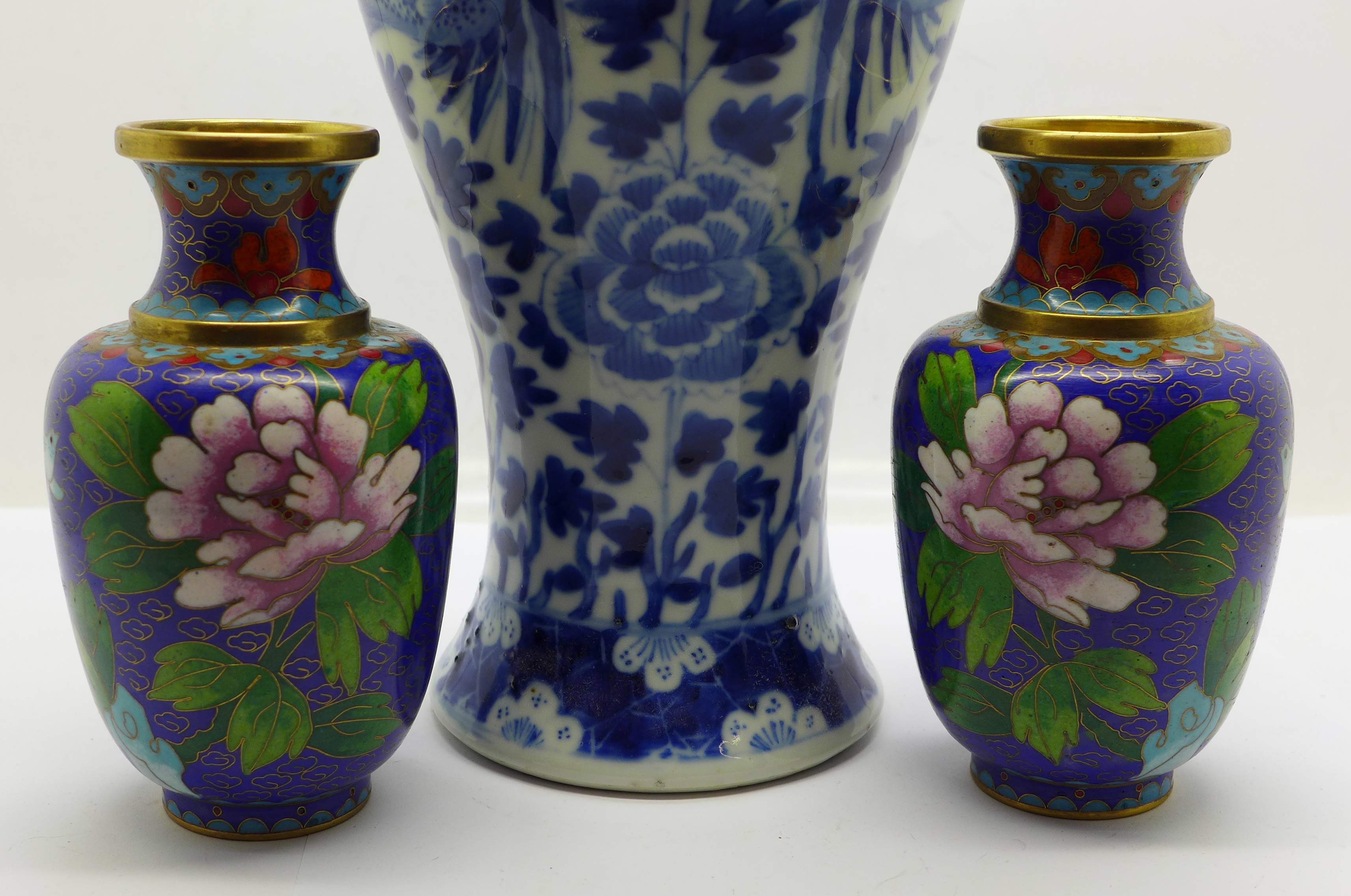 A Chinese blue and white vase with four character mark to base, rim restored, 31cm and a pair of - Image 2 of 5