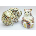 Two Royal Crown Derby paperweights, Tiger Cub and Russian Bear with silver stopper, boxed