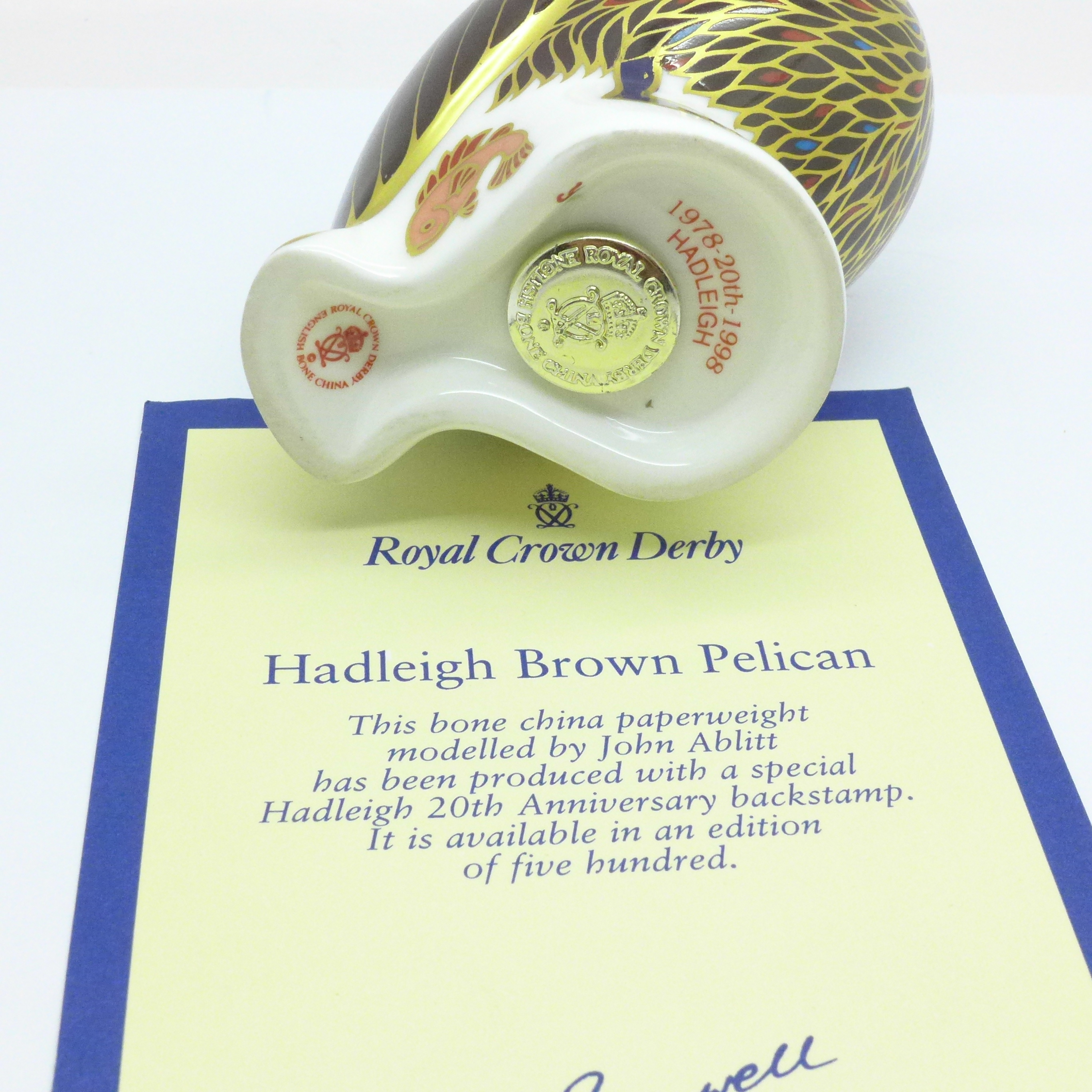 A Royal Crown Derby Hadleigh Brown Pelican paperweight, 20th Anniversary, limited edition of 500, - Image 4 of 4